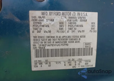 2001 Ford Explorer Sport Trac из США, поврежденный, VIN 1FMZU67E51UC75790